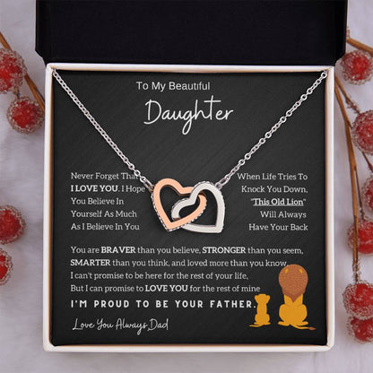 Interlocking Hearts Necklace with 'To My Daughter - Lion - From Dad' Message - Christmas Gift