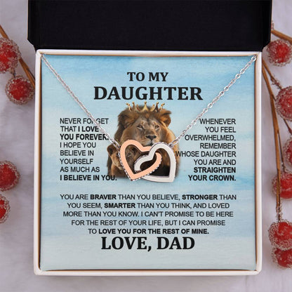 To My Daughter Necklace - Interlocking Hearts with Lion Message from Dad