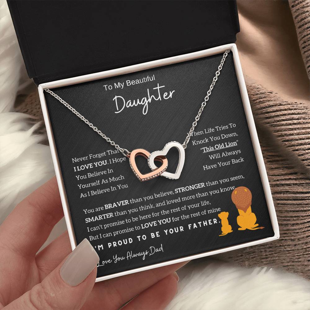 Interlocking Hearts Necklace with 'To My Daughter - Lion - From Dad' Message - Christmas Gift