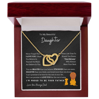 Interlocking Hearts Necklace with 'To My Daughter - Lion - From Dad' Message - Christmas Gift