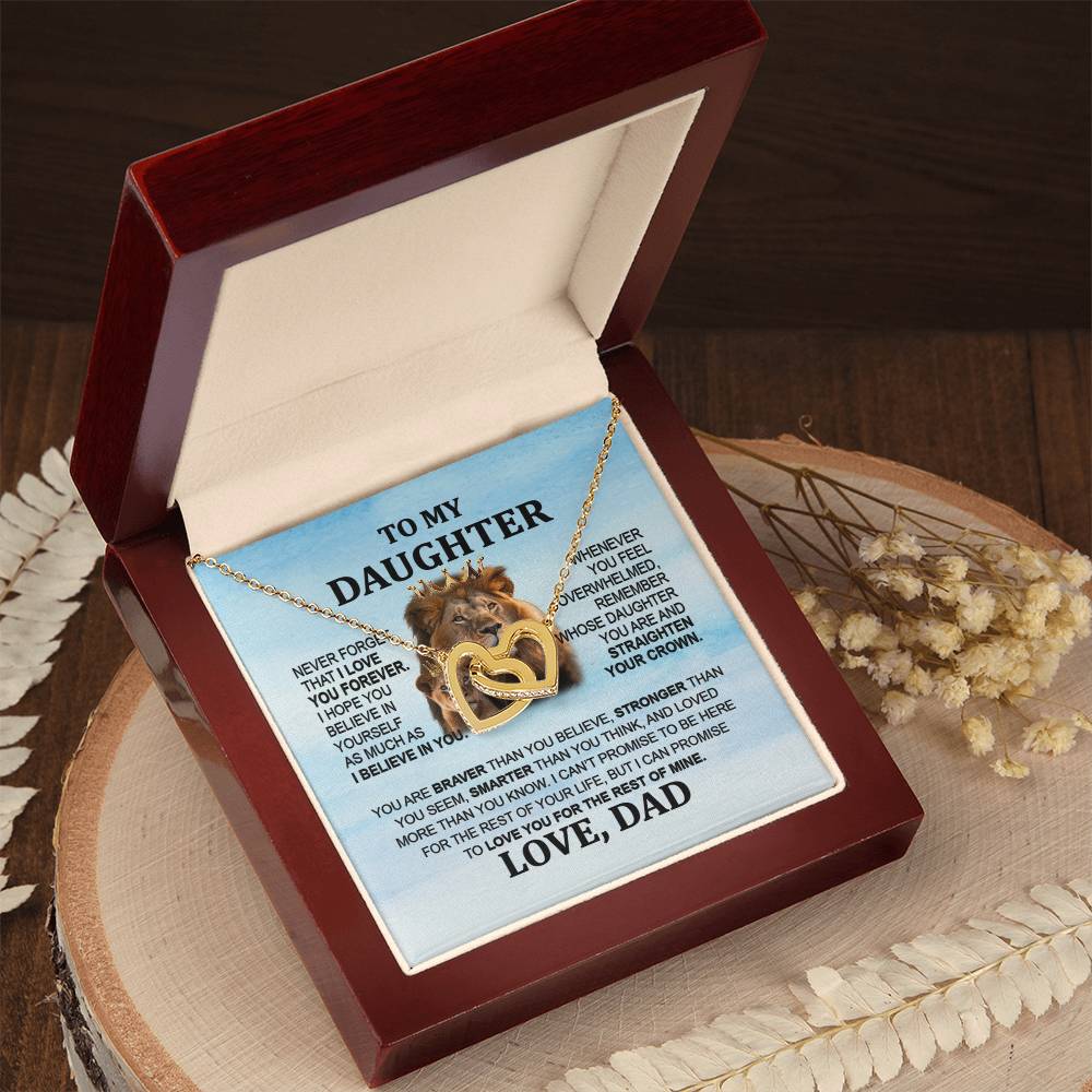 To My Daughter Necklace - Interlocking Hearts with Lion Message from Dad