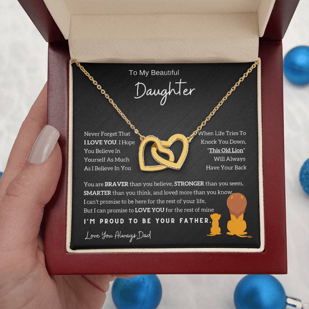 Interlocking Hearts Necklace with 'To My Daughter - Lion - From Dad' Message - Christmas Gift