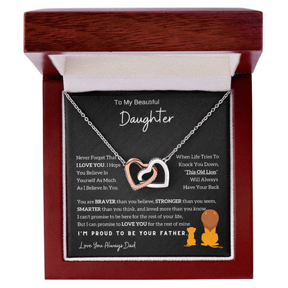 Interlocking Hearts Necklace with 'To My Daughter - Lion - From Dad' Message - Christmas Gift