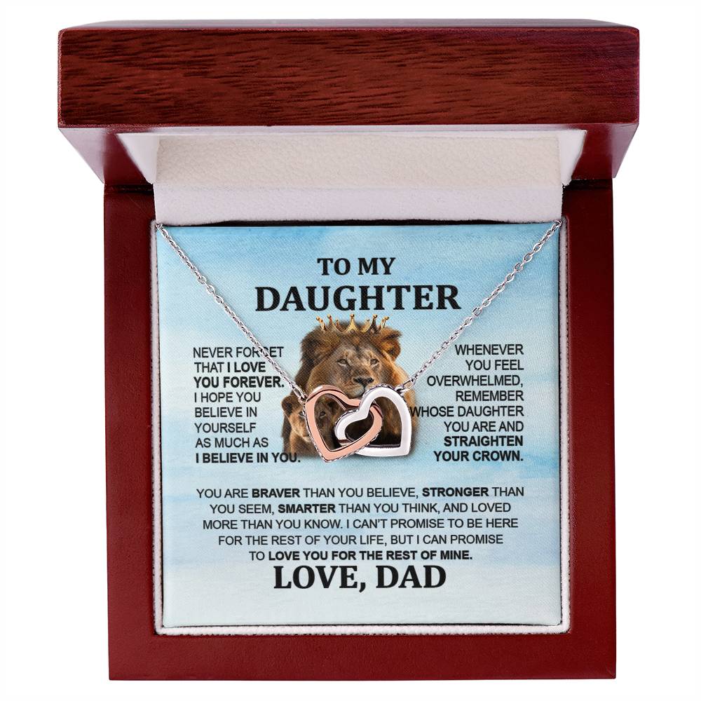 To My Daughter Necklace - Interlocking Hearts with Lion Message from Dad