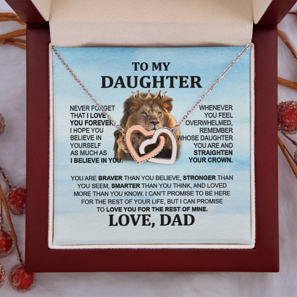 To My Daughter Necklace - Interlocking Hearts with Lion Message from Dad