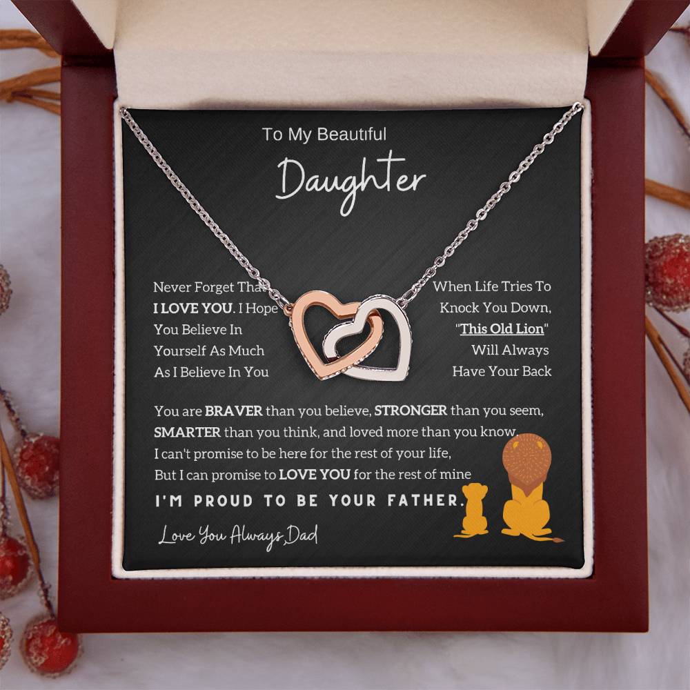 Interlocking Hearts Necklace with 'To My Daughter - Lion - From Dad' Message - Christmas Gift