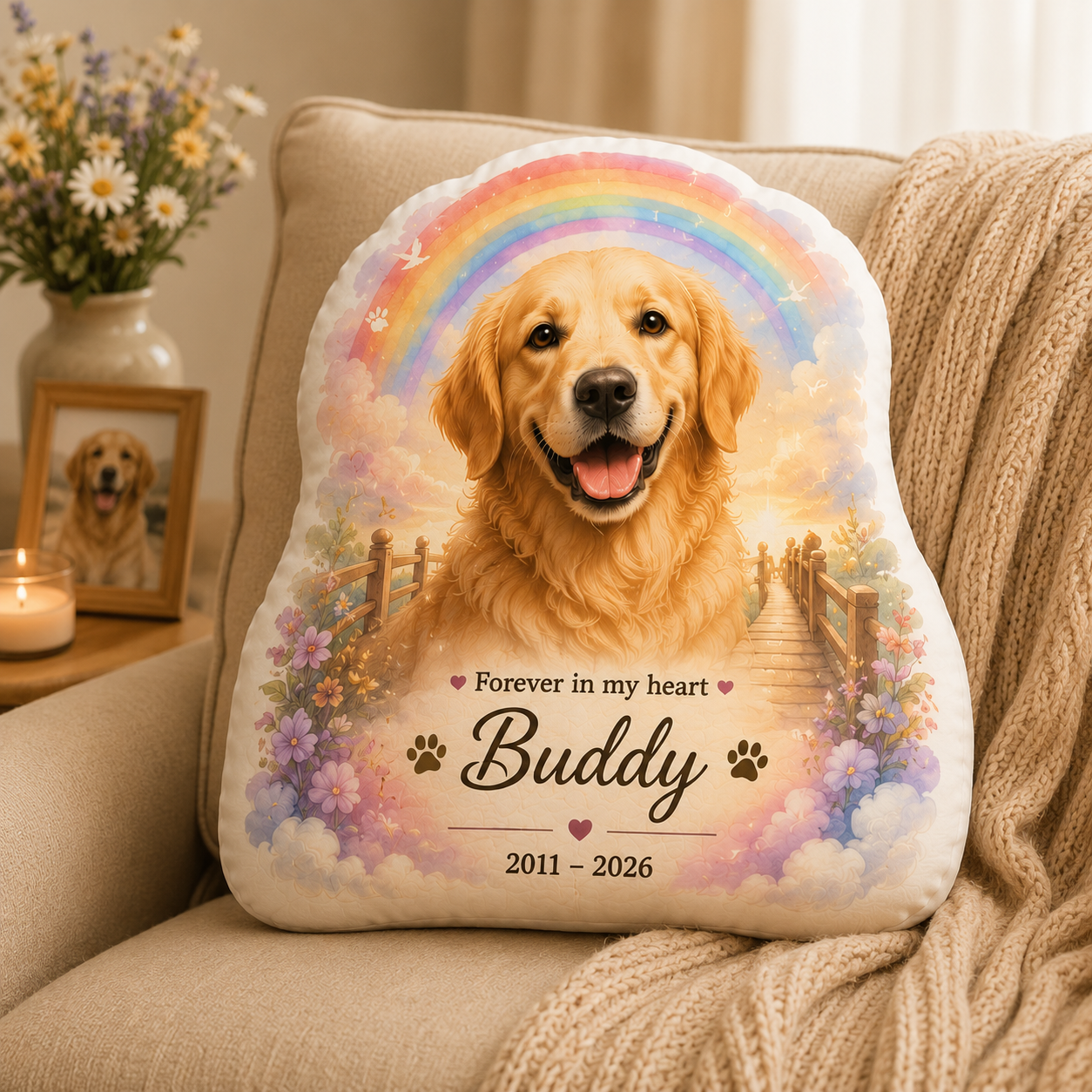Custom dog memorial shaped pillow with golden retriever portrait, rainbow bridge artwork, and Forever in my heart design