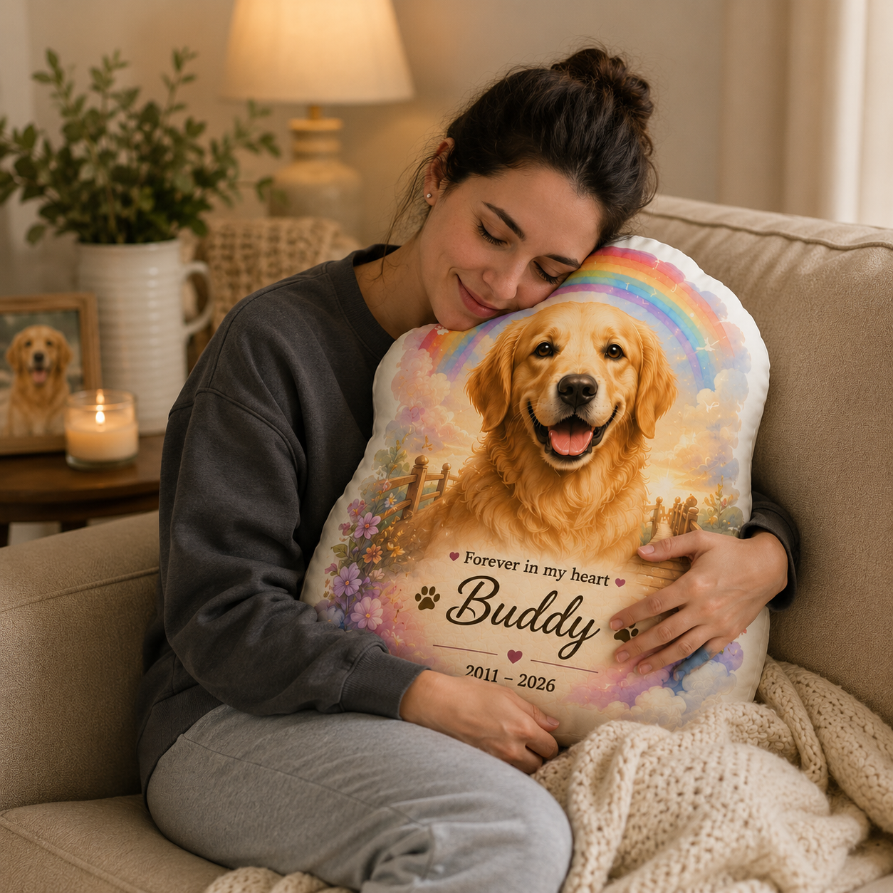 Woman hugging a custom dog memorial shaped pillow featuring a golden retriever and rainbow bridge artwork