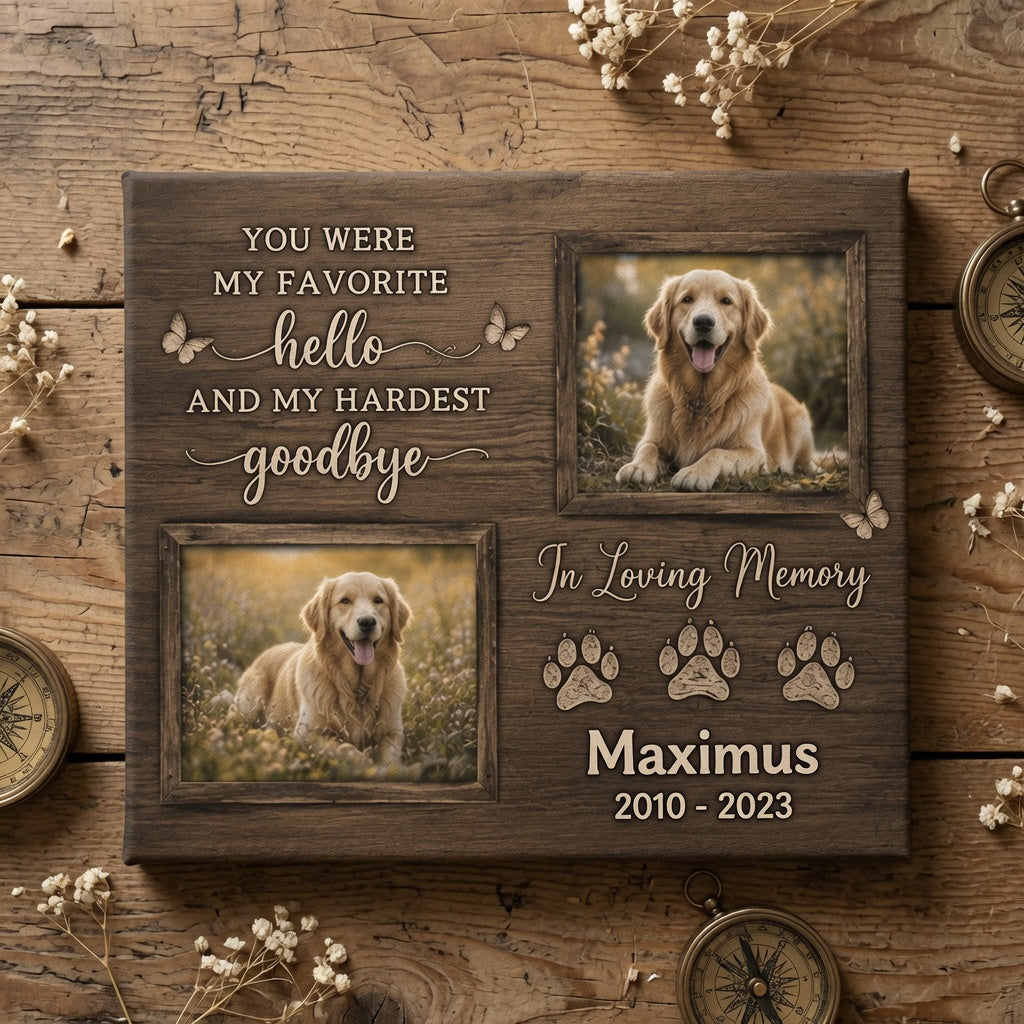 Dark wood personalized dog memorial canvas with quote You Were My Favorite Hello And My Hardest Goodbye