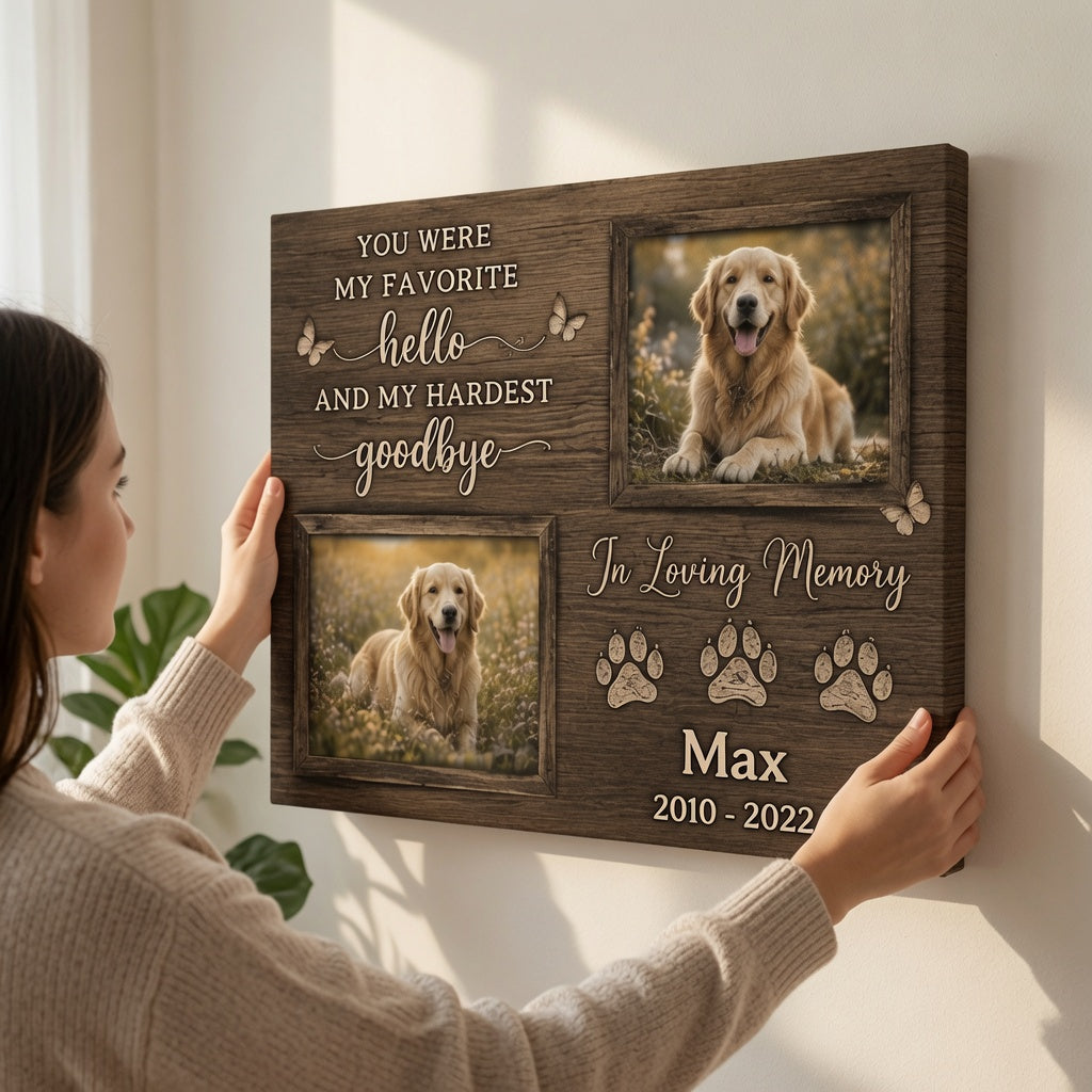 Woman hanging dark wood personalized dog memorial canvas with memorial quote and pet name