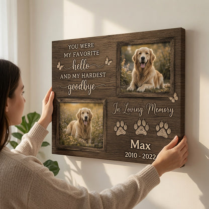 Woman hanging dark wood personalized dog memorial canvas with memorial quote and pet name