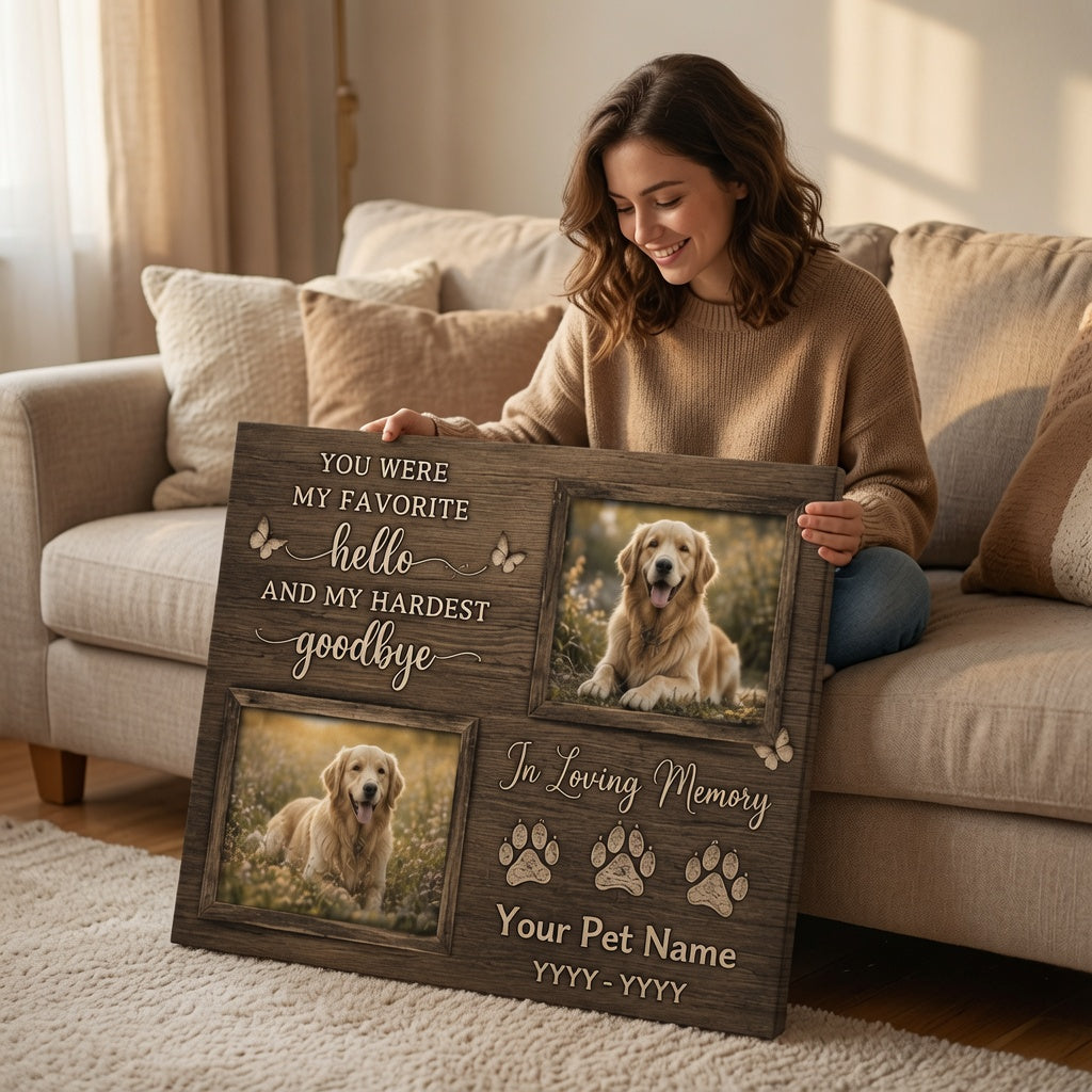 Woman holding dark wood personalized dog memorial canvas with custom pet photos