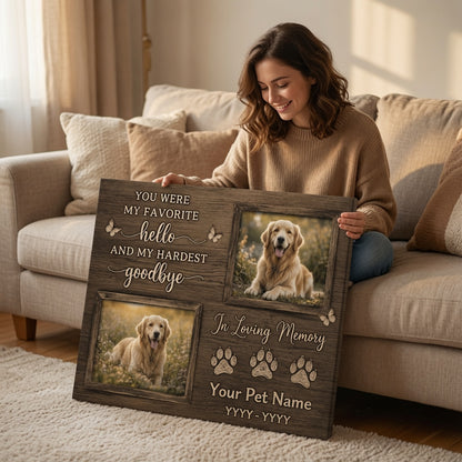 Woman holding dark wood personalized dog memorial canvas with custom pet photos