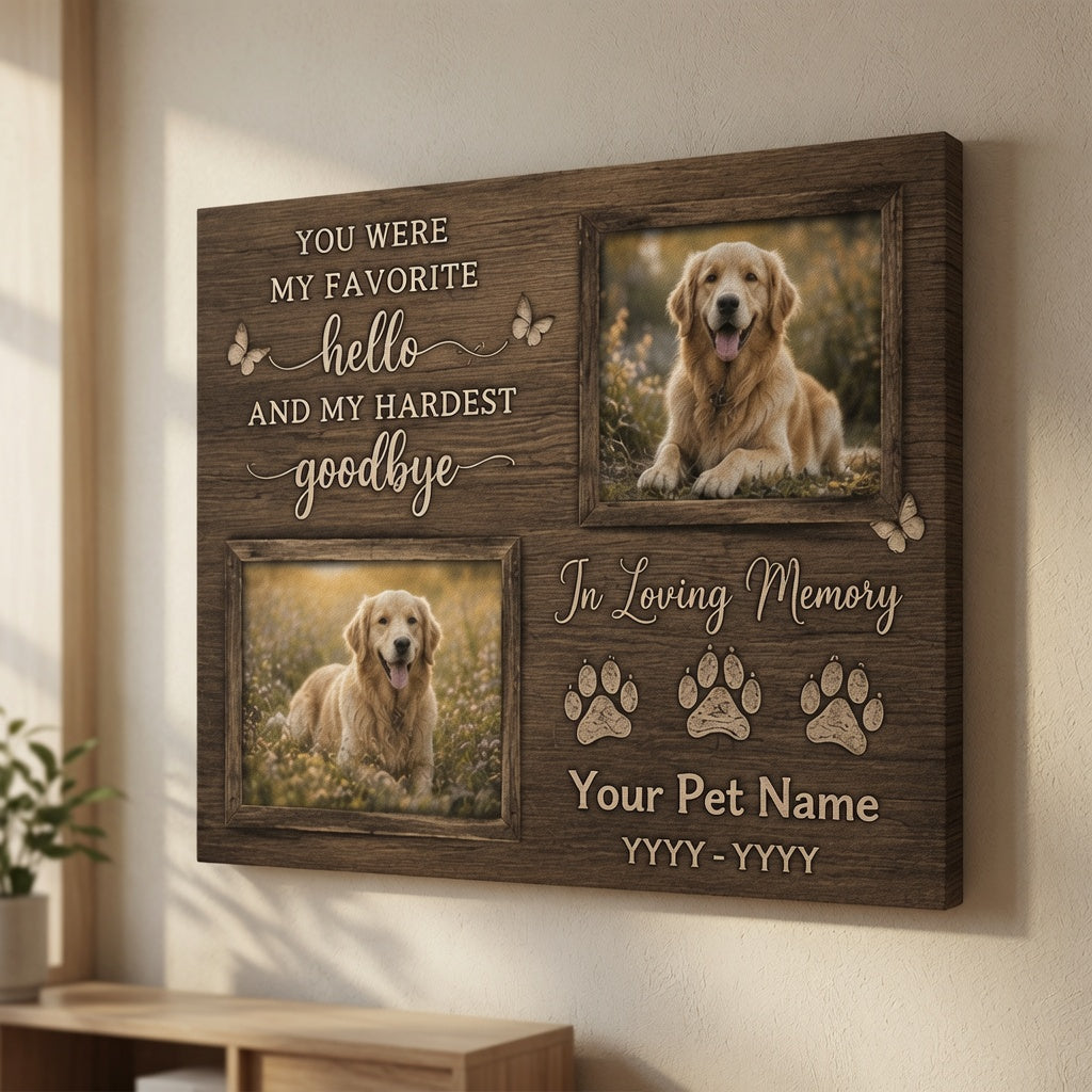 Dark wood personalized dog memorial canvas displayed on wall with two dog photos and memorial text