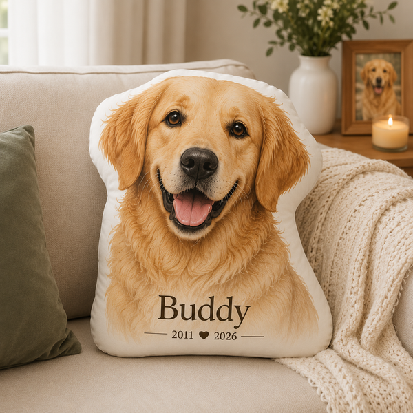 Personalized Dog Memorial Shaped Pillow - Custom Pet Loss Gift, Clean Illustrated Portrait
