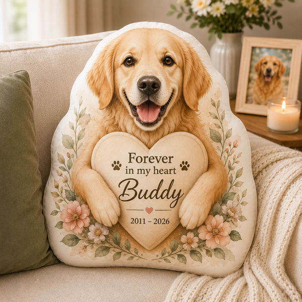 Personalized Dog Memorial Shaped Pillow - Botanical Heart Hug Pet Loss Gift