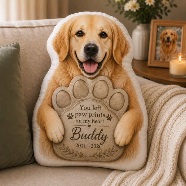 Personalized Dog Memorial Shaped Pillow - Paw Plaque Pet Loss Gift, Custom Dog Pillow