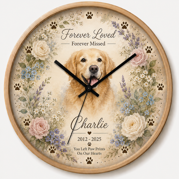 Personalized Dog Memorial Wall Clock - Floral Pet Loss Gift, Custom Dog Clock