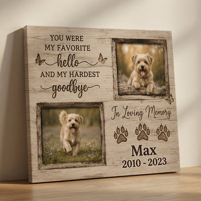 Angled view of personalized dog memorial canvas with two photos and memorial years