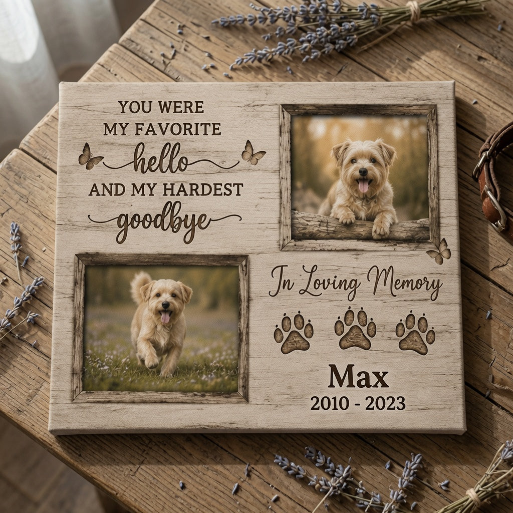Flat lay personalized dog memorial canvas with two dog photos on wooden table