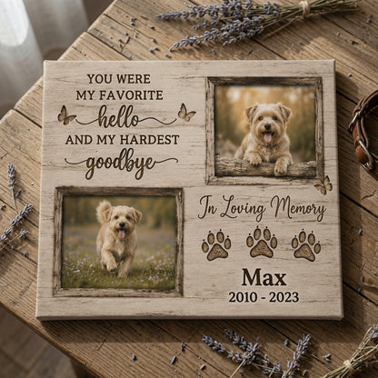 Flat lay personalized dog memorial canvas with two dog photos on wooden table