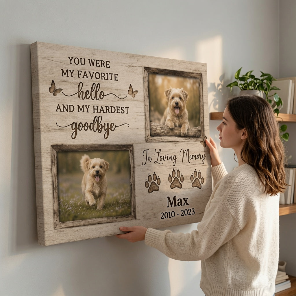 Woman hanging personalized dog memorial canvas with two dog photos and memorial quote