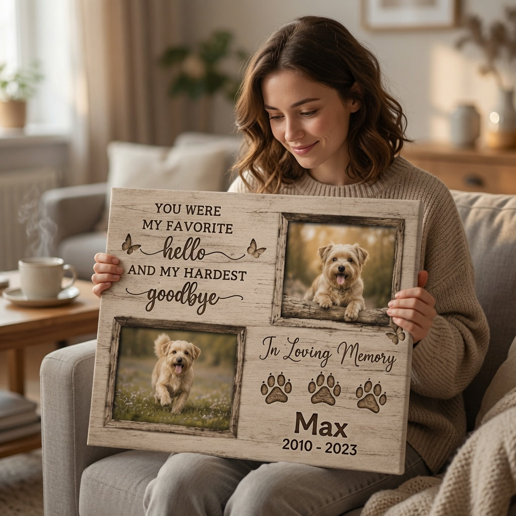 Woman holding personalized dog memorial canvas with quote and two dog photos