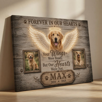 Angled shelf view of personalized Forever In Our Hearts Max dog memorial canvas with photo frames