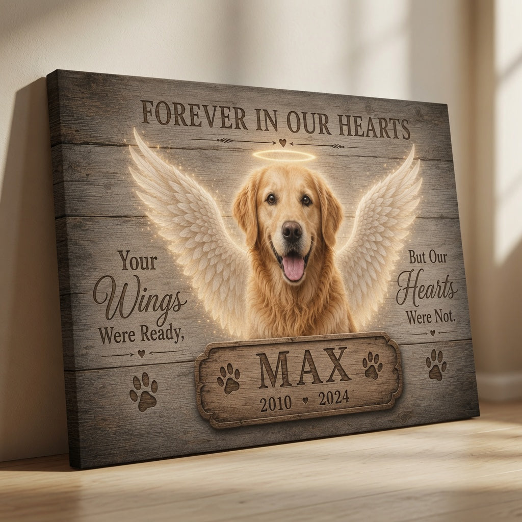 Angled view of personalized Forever In Our Hearts Max dog memorial canvas