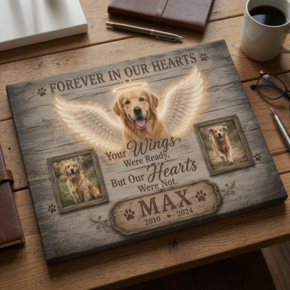 Flat lay of personalized Forever In Our Hearts Max dog memorial canvas on wooden desk