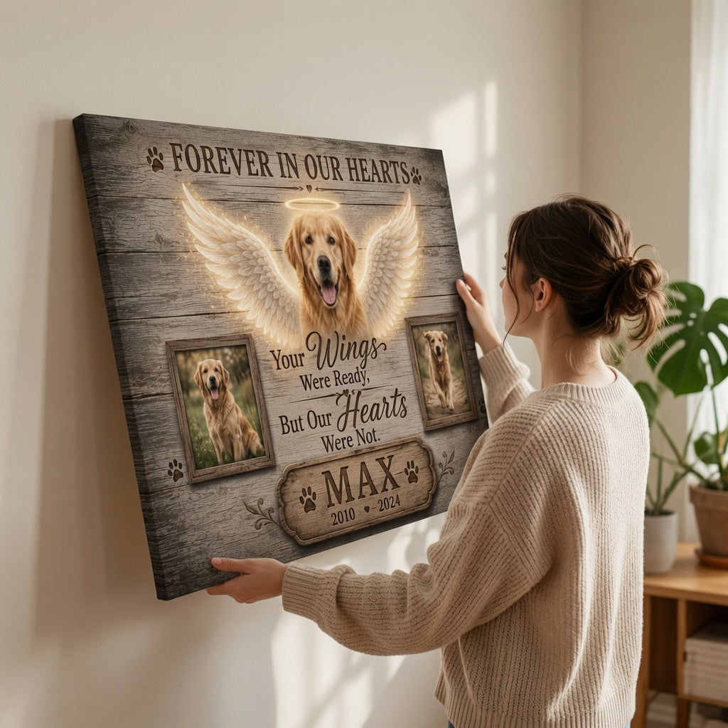 Woman hanging personalized Forever In Our Hearts Max dog memorial canvas on wall