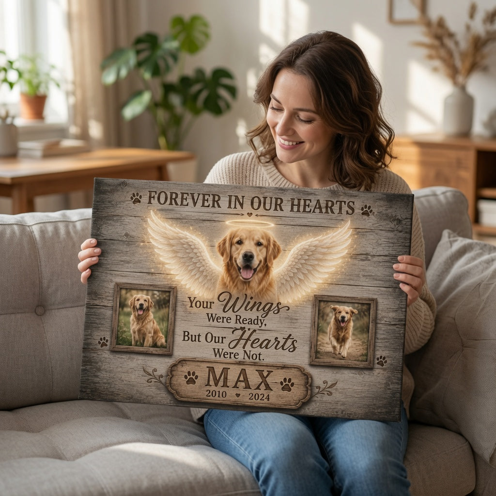 Woman holding personalized Forever In Our Hearts Max dog memorial canvas with two photo frames