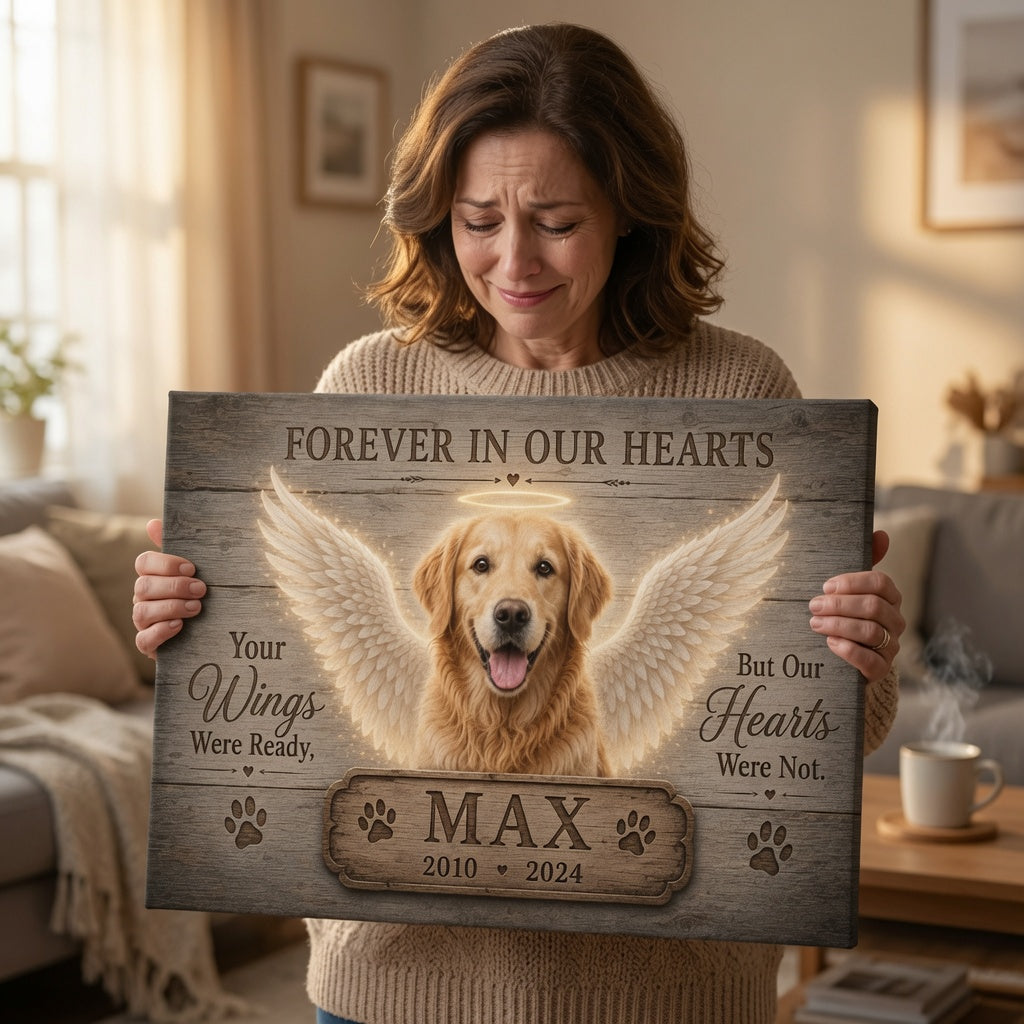 Woman holding personalized Forever In Our Hearts Max dog memorial canvas