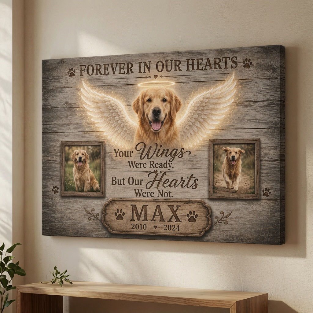 Personalized Forever In Our Hearts Max dog memorial canvas with photo frames displayed on wall