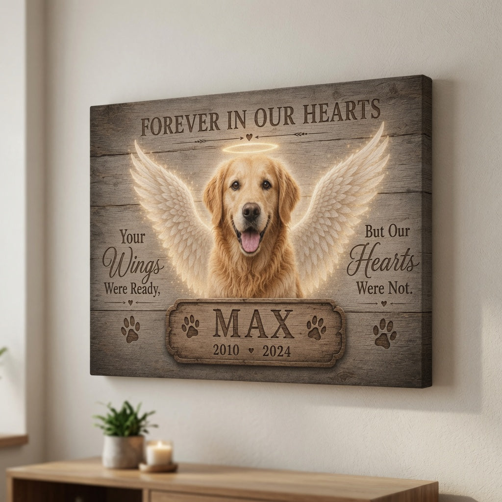 Personalized Forever In Our Hearts Max dog memorial canvas displayed on wall