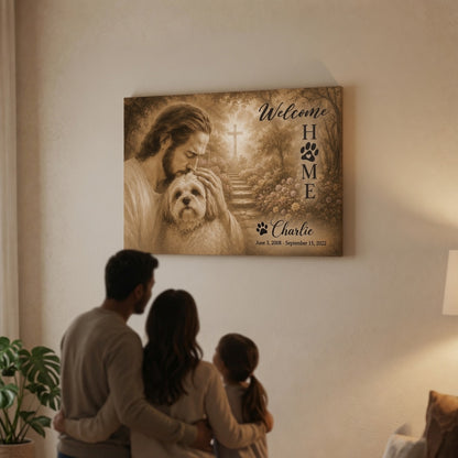 Family viewing personalized God welcome home dog memorial canvas in living room