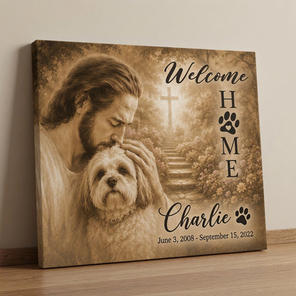Personalized Christian dog memorial canvas with Jesus, cross, and custom pet name Charlie