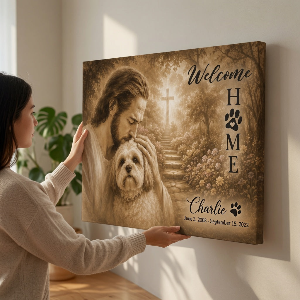 Woman hanging personalized God welcome home dog memorial canvas on wall