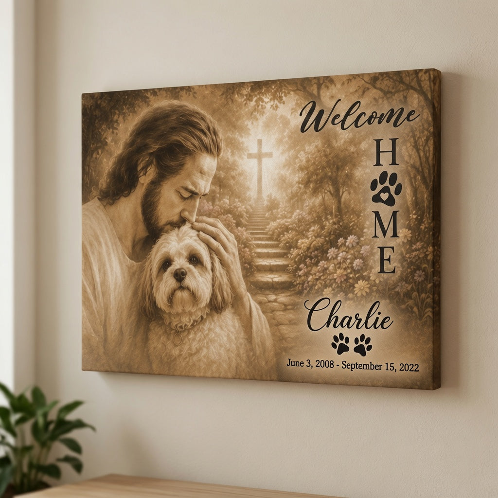 Personalized welcome home pet memorial canvas with cross pathway background and custom dog name Charlie