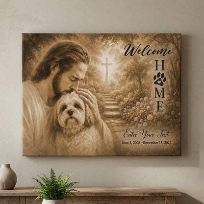 Personalized God welcome home dog memorial canvas with Jesus holding a dog and custom memorial details