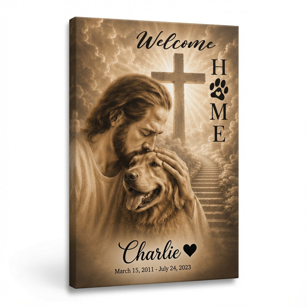 Personalized God Welcome Home Golden Retriever memorial canvas with Jesus, cross, and heavenly stairway on clean background