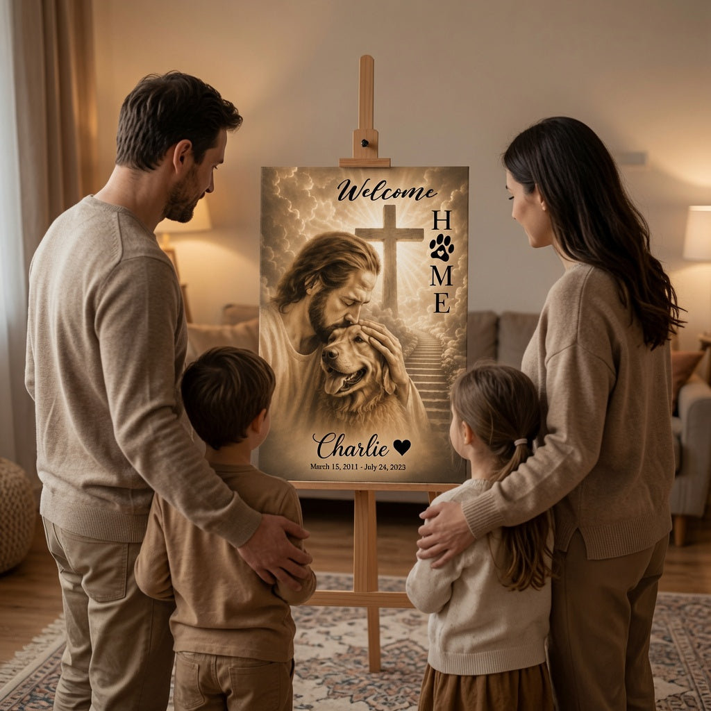 Family viewing personalized God Welcome Home Golden Retriever memorial canvas with Jesus, cross, and custom dog name Charlie