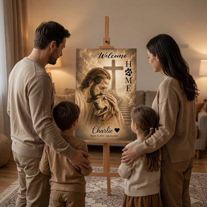 Family viewing personalized God Welcome Home Golden Retriever memorial canvas with Jesus, cross, and custom dog name Charlie