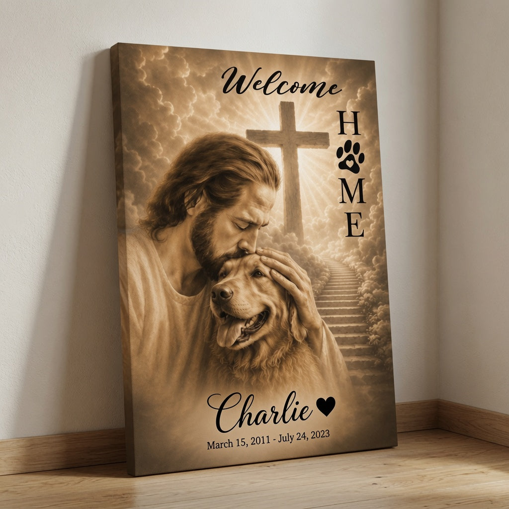 Personalized God Welcome Home Golden Retriever memorial canvas leaning on floor with custom pet name Charlie