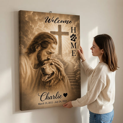 Woman hanging personalized Christian Golden Retriever memorial canvas with Jesus, cross, and Welcome Home design
