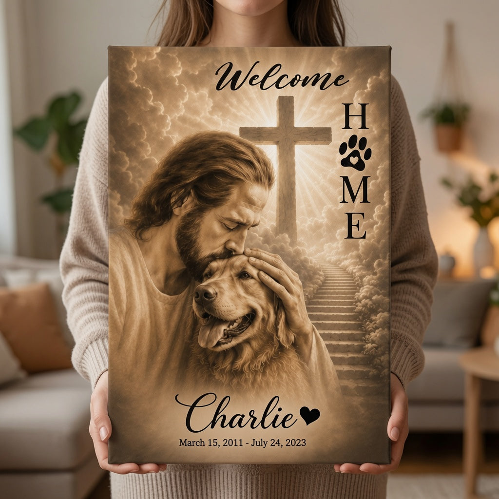 Woman holding personalized God Welcome Home Golden Retriever memorial canvas with Jesus and memorial dates