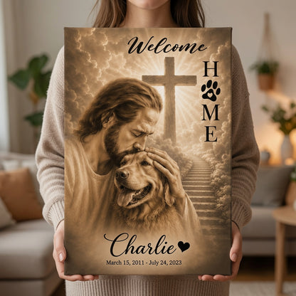 Woman holding personalized God Welcome Home Golden Retriever memorial canvas with Jesus and memorial dates
