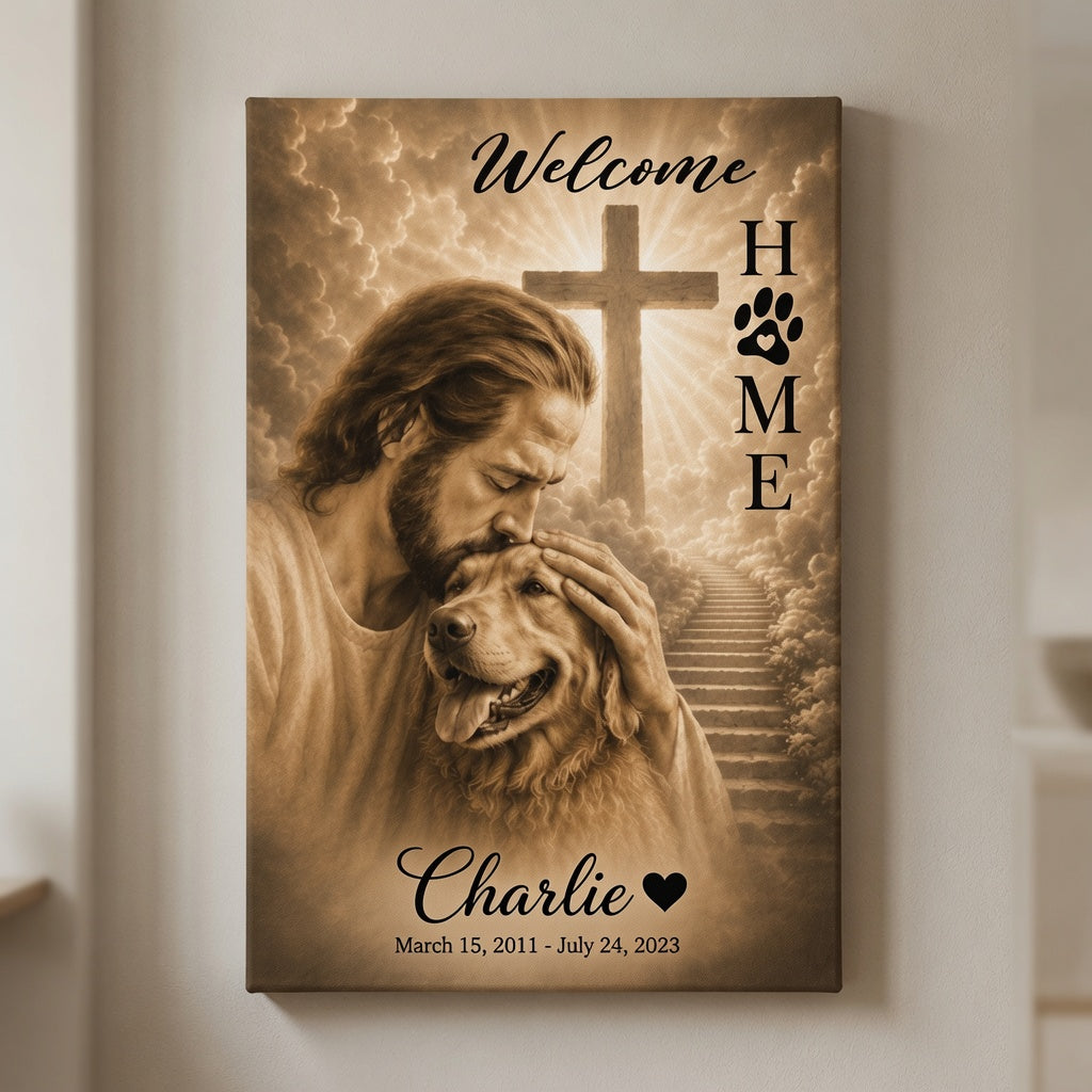 Personalized Christian Golden Retriever memorial canvas wall art with Jesus, cross, Welcome Home text, and custom dog name Charlie