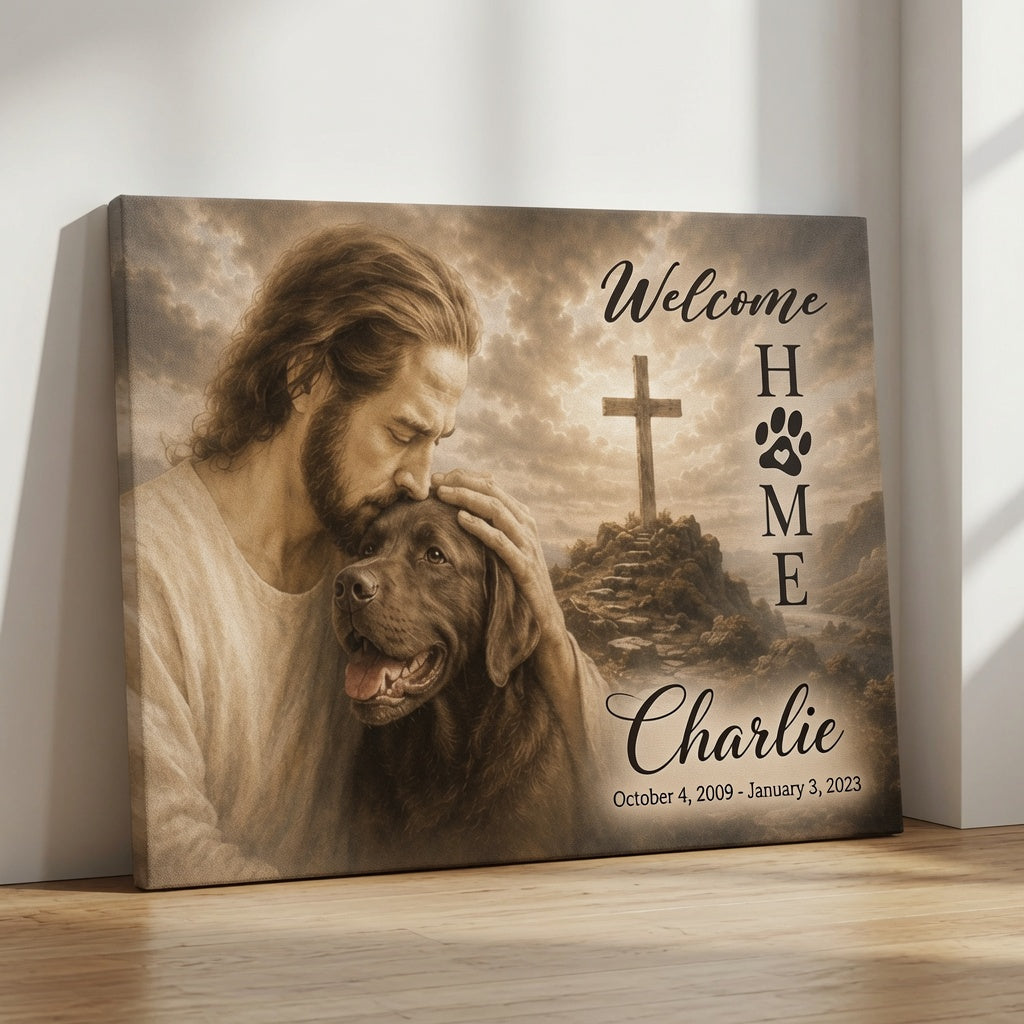 Personalized God welcome home Labrador memorial canvas with custom dog name Charlie and memorial dates