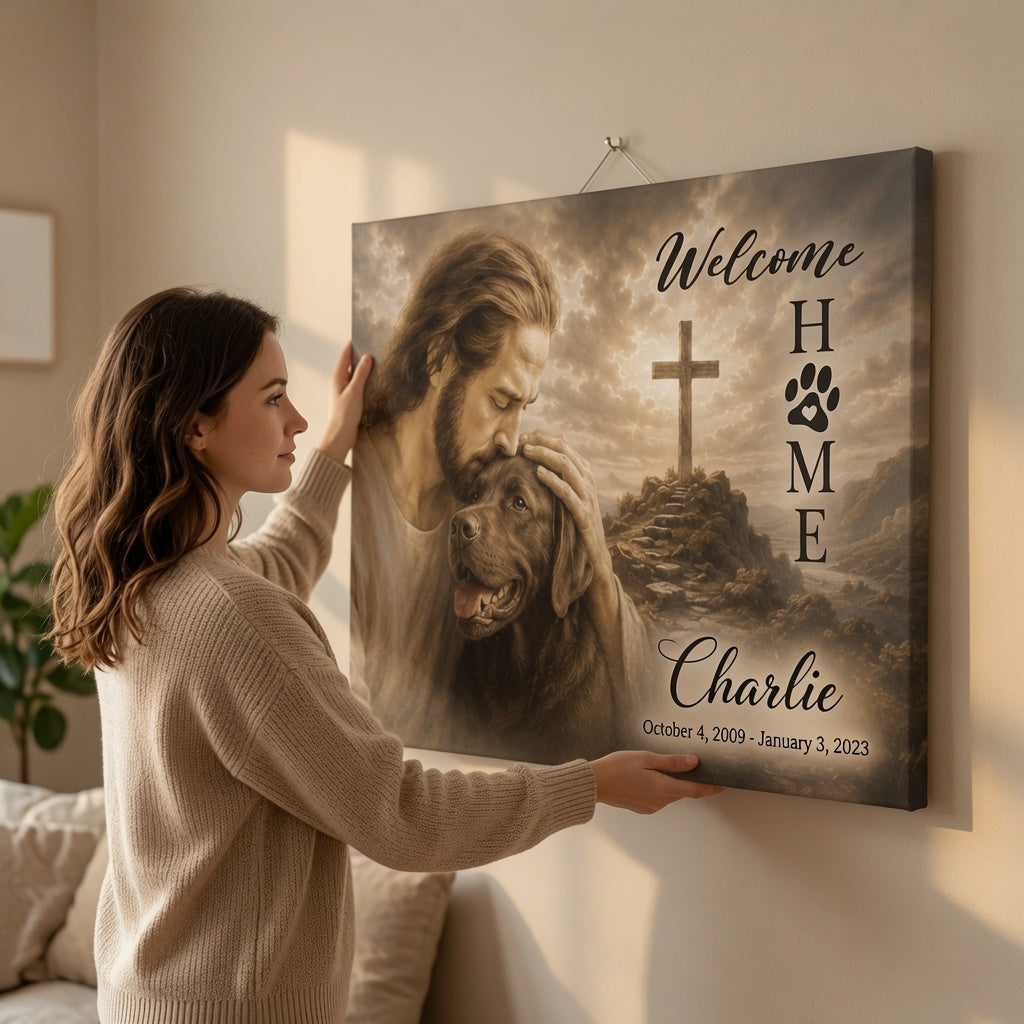 Woman hanging personalized God welcome home Labrador memorial canvas on wall